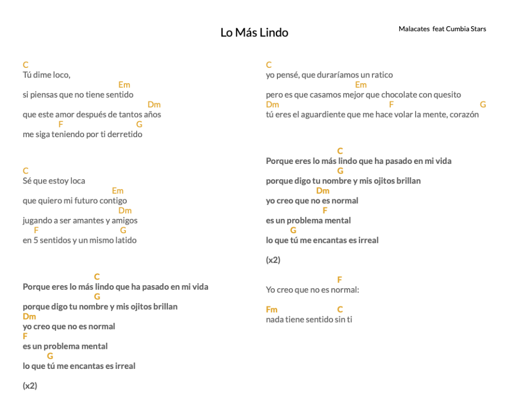lo mas lindo - malacates cumbia stars - letra y acordes
